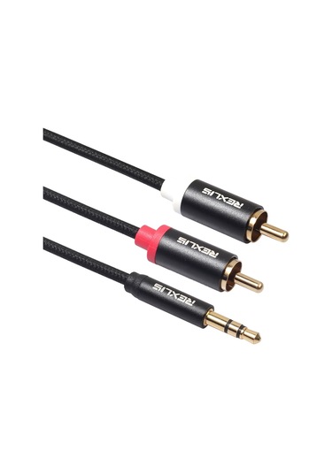 Rexlıs 3635 3.5mm Erkek Çift Rca Altın Kaplama Fiş Siyah Pamuk Örgülü Ses Kablosu Rca Giriş Arayüzü Aktif Hoparlör İçin, Uzunluk: 5m