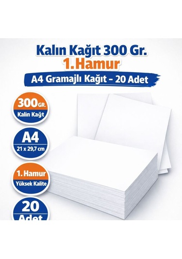 Kalın Kağıt 300 Gr. 1. Hamur A4 Gramajlı Kağıt -20 Adet 0,37 Kg