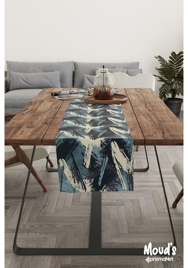 Blue Brush Desenli Baskılı Süet Runner Masa Örtüsü