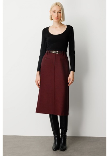 Ekol Kadın Beli Kemerli Yırtmaçlı Midi Etek 2009 Bordo Bordo