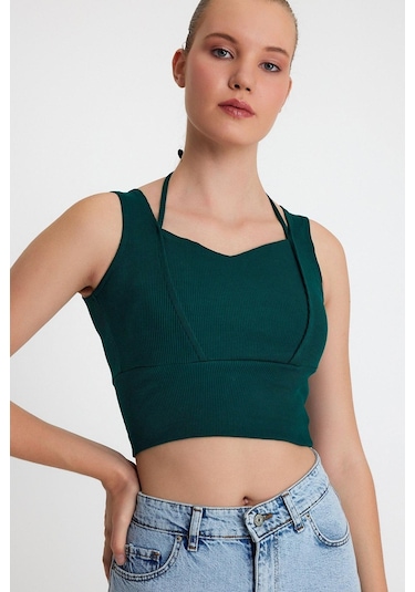 Polo State Kadın Ense Biye Detaylı Crop Yeşil