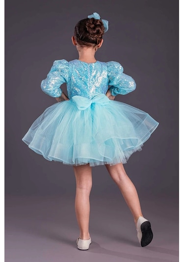 Uzun Kol Balerin Elbise Tütü Etek Pul Payetli Turkuaz