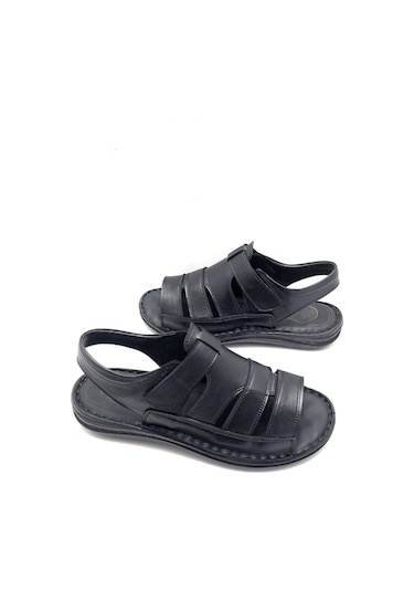 Tam Ortopedik Hakiki Deri Masajlı Erkek Sandalet Siyah