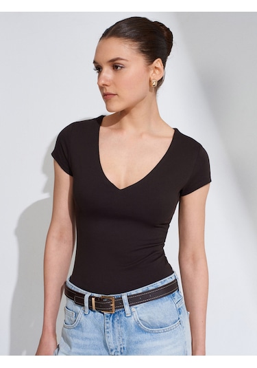 Dilvin 32840 V Yaka Basic T-shirt-koyu Kahve