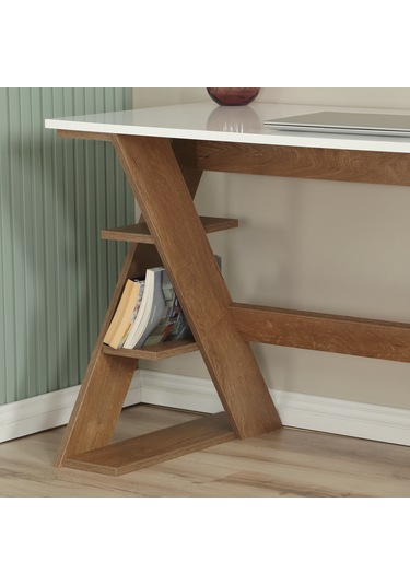 Pasific Home Lungo Raflı Çalışma Masası, Ofis Masası, 60X140 Cm, Koyu Meşe&Beyaz