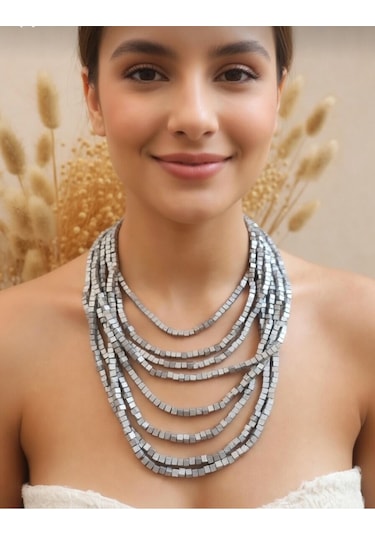 Bambu Küp Ahşap 8'li Çoklu Kolye Silver