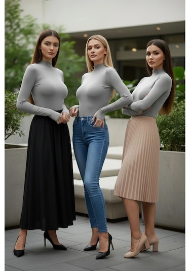 3 Lü Parmak Geçmeli Kadın Body Seti Gri