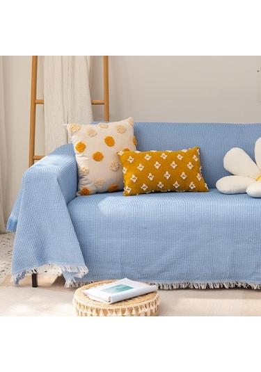 Mavi Püskül Jakarlı Kanepe Battaniyesi Gri Haki Geometrik Yatak Banketi Açık Kilim Kamp Piknik Battaniyesi Kanepe Havlusu 180 130cm