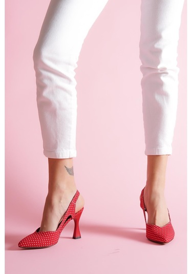 Duck Kırmızı Puantiyeli Yanları Açık Topuklu Ayakkabı