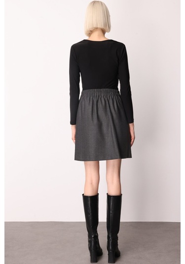 Ekol Kadın Beli Lastikli Süs Düğmeli Mini Etek 2019 Siyah Siyah