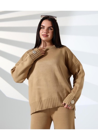 Rahat Kalıp Kol Detaylı Triko Takım Kamel