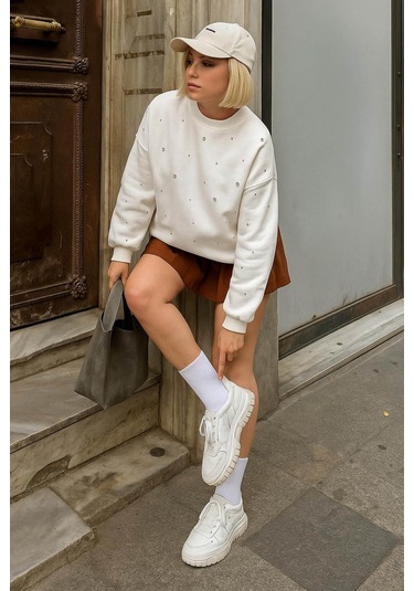 Fashion Friends Bisiklet Yaka Taşlı Ekru Kadın Sweatshirt 25k0099k1 Ekru