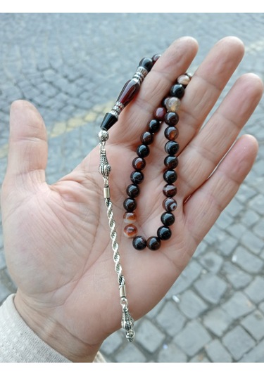 Orjınal Akık Taşi Tesbıh Gümüş Tasarımlı Püskullu Kutulu Ürün