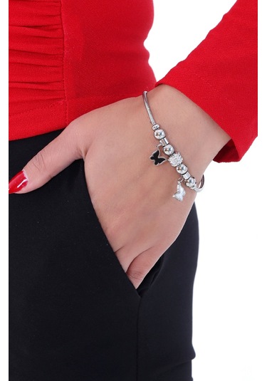 Kadın Taşlı Kelebek Çelik Bileklik Altın Kaplama Gümüş Renk Altın