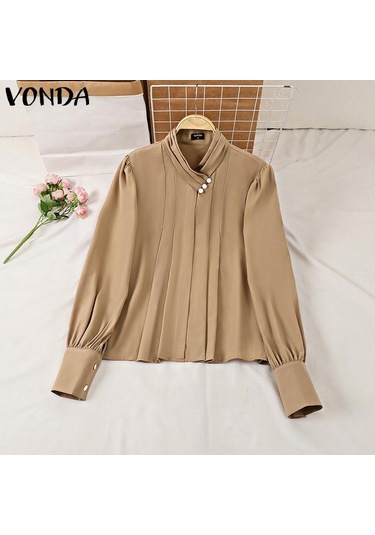 Vonda Kadın Zarif İnci Yakalı Düz Renk Çizgili Uzun Kollu Pileli Bluzlar Beyaz