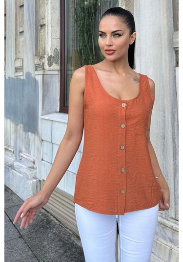 Kadın Kiremit Yuvarlak Yaka Ve Düğme Detaylı, Kalın Askılı Keten Atlet Bluz Kiremit