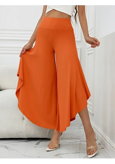 Kadın Yüksek Belli Geniş Paçalı Yanlardan Açık Sandy Pantolon Turuncu