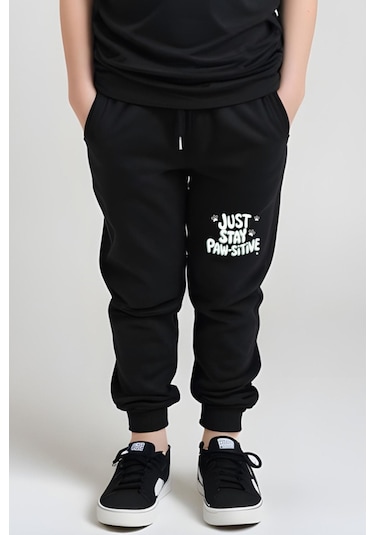 Just Stay Paw Baskılı Kız Çocuk Tişört Ve Eşofman Alt-üst Takım Siyah