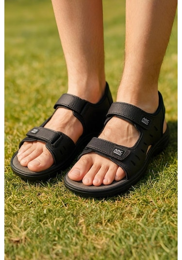 Günlük Erkek Sandalet Kalın Ortopedik Dikişli Taban Cırtlı Havuz Deniz Ayakkabısı 5201 Siyah