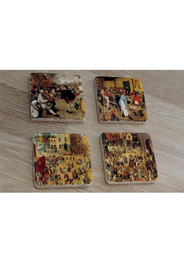 Pieter Brueghel Çocuk Oyunları Ve Eserleri Doğal Taş Bardak Altlığı 4'lü Set - Natural Stone Coasters - Taş Çok Renkli