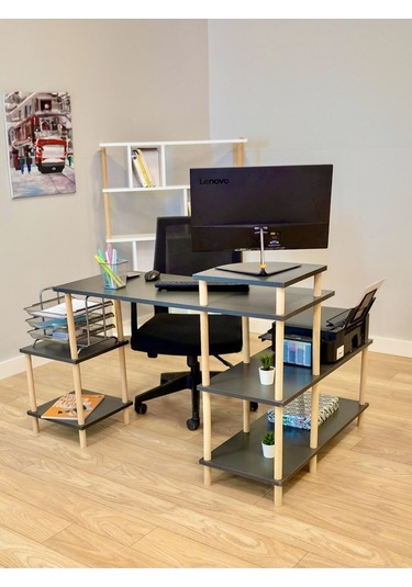 Çalışma Masası 5 Raflı Ahşap Ayaklı Dekoratif Modern Bilgisayar Ofis Masası - Antrasit - Köşe