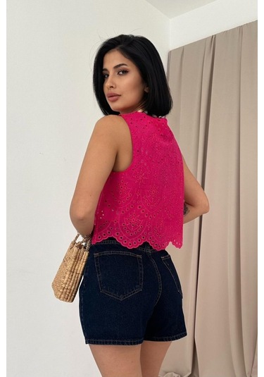 Reka Moda Fuşya Sıfır Kol Brode Bluz FUŞYA