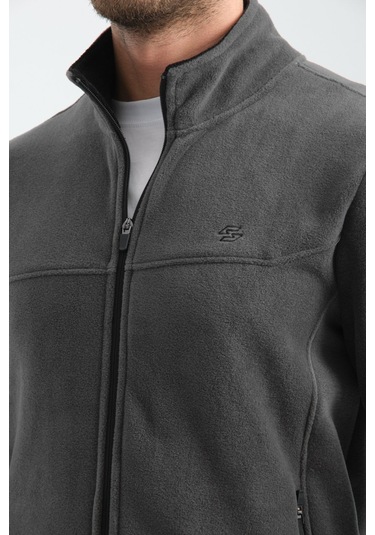 Shooter Sportswear Premium Kışlık Erkek Polar Sweatshirt Minimal Nakış Detayları Fermuarlı Regular Fit Füme