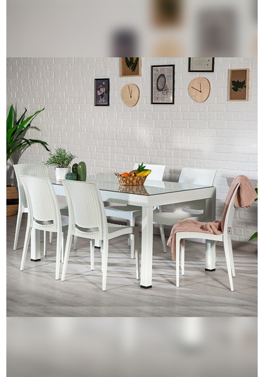 Rattan Camlı 6 Kişilik Bahçe Masa Takımı - Beyaz