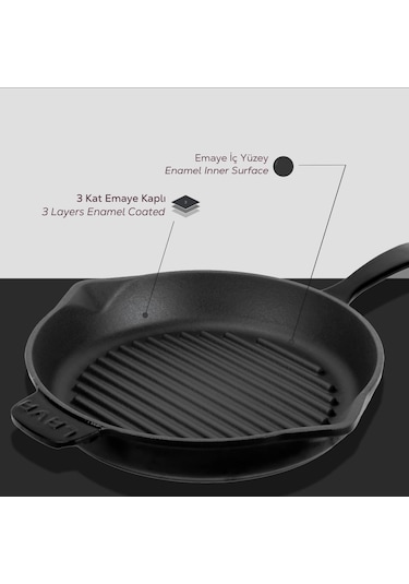 Lava Döküm Yuvarlak Izgara Tava Döküm Demir Yekpare Saplı Çap Ø 28cm. Siyah Kırmızı