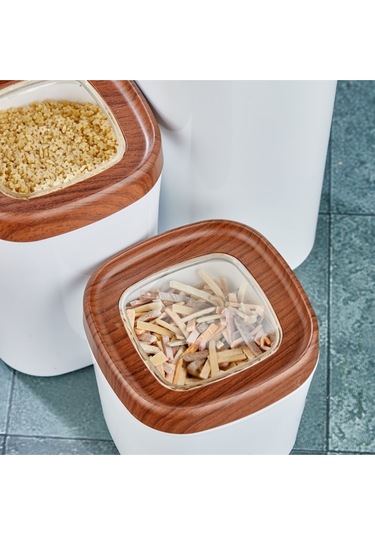 Ceronni Bonny Erzak Saklama Kabı 3lü Set Ahşap Kaplama Kapak Renkli Hazne 1,8lt - 1lt - 600ml Koyu Ahşap Ahşap