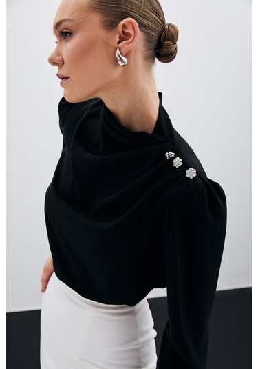 Sateen Düğmeleri Taş Detaylı Bluz - Siyah