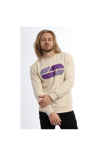 Erkek Polo State Baskılı Bisiklet Yaka Sweat Ekru