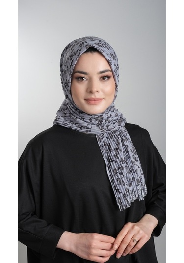 Gri Pratik Hazır Geçmeli Tesettür Eşarp Kesik Elyaf Piliseli Çiçe (553630026) Gri