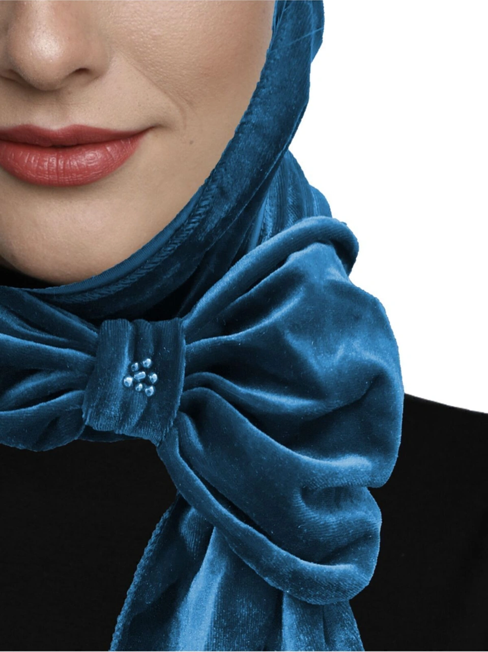 Kadife Şapka Atkılı Toka Detaylı Petrol Hazır Türban Tesettür Bone Petrol