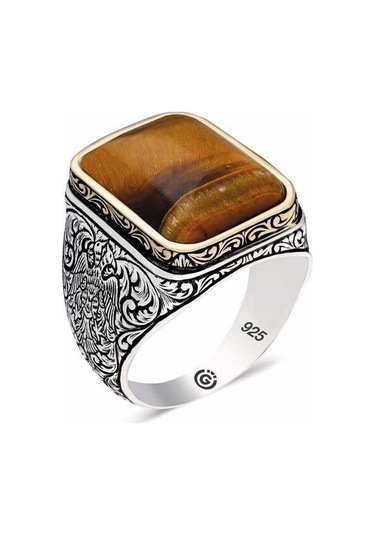 Gumush ​Gümüş Turuncu Sıkma Kehribar Taşlı Kare Erkek Yüzük  551177600