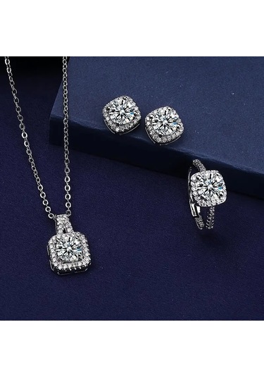 Baget Taşlı, Zirkon Taş İşlemeli Kalp Takı Seti Kolye Küpe, Yüzük , Yeni Yıl Gümüş