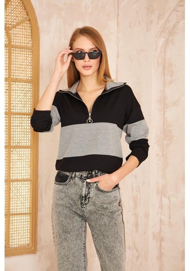 Kadın Uzun Kol Fermuarlı Polo Yaka Color Block Basic Salaş Sweatshirt Bluz 3471210 Siyah - Gri