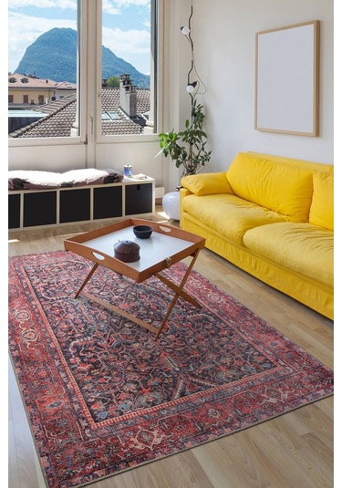 Blues Vintage Desenli Dokuma Taban Dekoratif Kırmızı Halı (Al 354