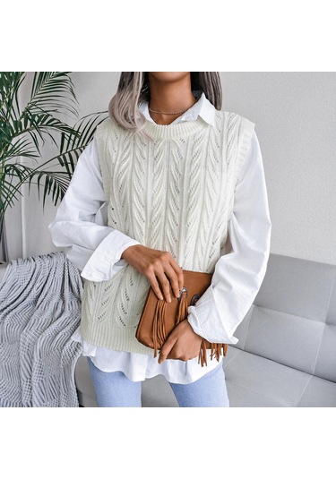 Kadın Sonbahar Kış Bisiklet Yaka Kesim Düz Renk Kolsuz Yaprak Örgü Tank Kazak Sl Haki