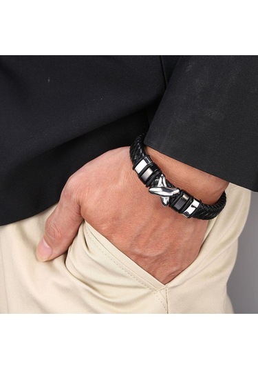 Trend Deri Bileklik Erkek Siyah Örgülü Bileklikler Erkek Takı Parti Hediyesi Paslanmaz Çelik Tokalı Bilezikler Siyah