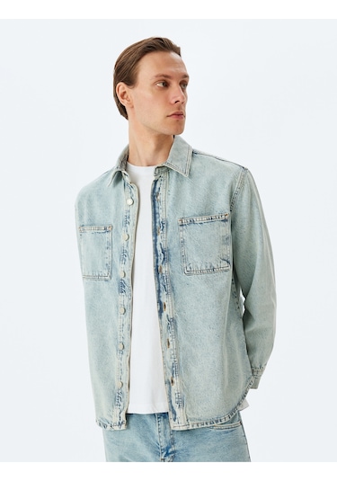 Koton Düğmeli Cep Detaylı Pamuklu Kot Gömlek Ceket Açık İndigo 5sam50011nd Açık İndigo