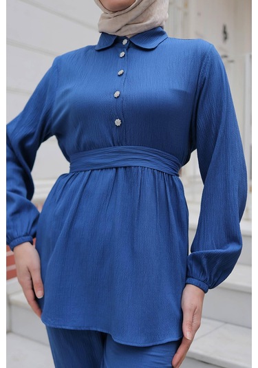 Taş Düğme Detaylı Takım İndigo I Ndigo