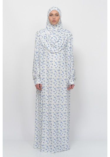 Pratik Tek Parça Çiçek Desenli Kollu Tak Çıkar Başörtülü Likralı Tesettür Namaz Elbisesi 990-0201 Mavi Antrasit