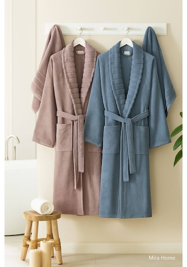 4 Parça Soft Elegance Banyo Aile Bornoz Seti %100 Pamuklu Mavi