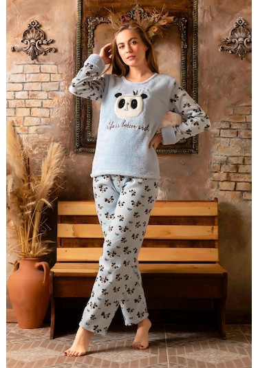Nisanca Kışlık Kadın Welsoft Polar Pijama Takımı - Yeni Yıl Pijaması mavi