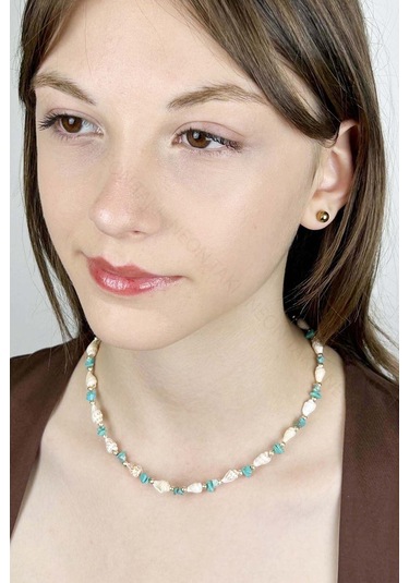 Deniz Kabuğu Kolye 426, Turkuaz - Beyaz Çok REnkli