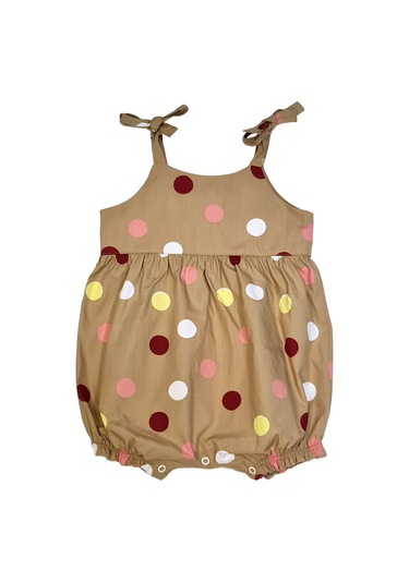 100% Pamuk Puantiyeli Askılı Yazlık Kız Bebek Tulum Kahverengi