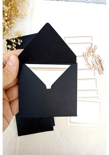Siyah 5 Adet Mandallı Zarflı Not Kartı Seti- Hediye Kartı - Tebri