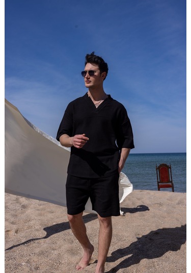 Siyah Renk V Yaka Gömlek Şort Erkek Yıkamalı Keten Takım-1741 Siyah