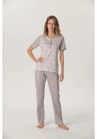 Pijadore Kadın Kısa Kol %100 Pamuklu Pijama Takımı Bej